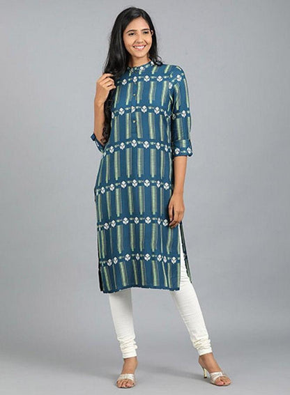 Blue Mandarin Neck Printed kurta - wforwoman