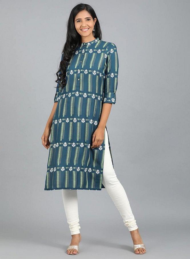 Blue Mandarin Neck Printed kurta - wforwoman