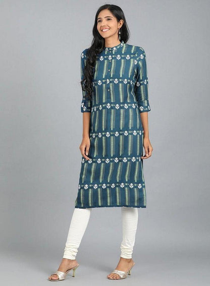 Blue Mandarin Neck Printed kurta - wforwoman