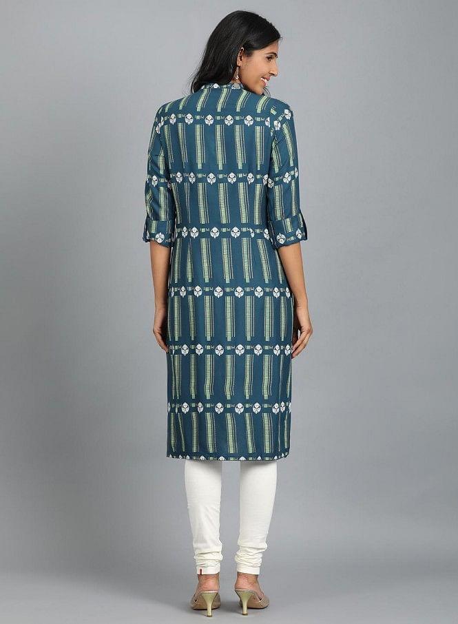 Blue Mandarin Neck Printed kurta - wforwoman