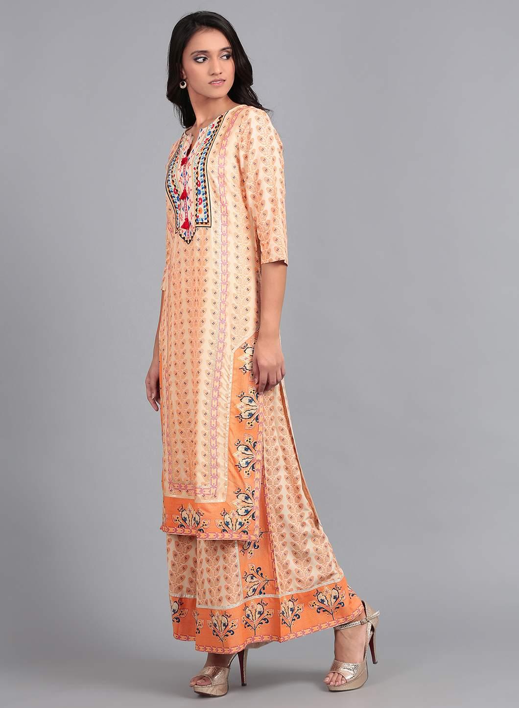 Orange Round Neck Printed kurta - wforwoman