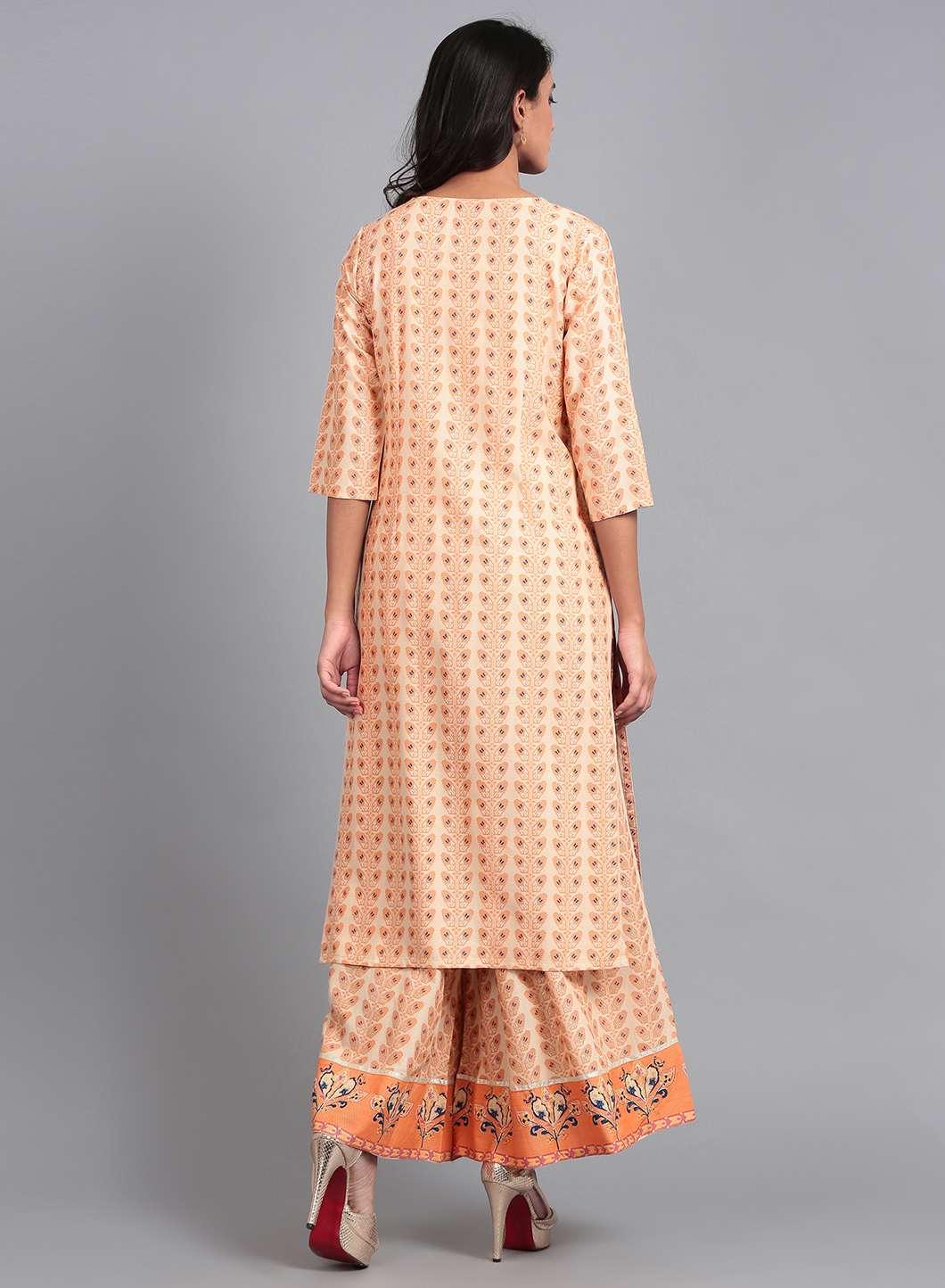 Orange Round Neck Printed kurta - wforwoman