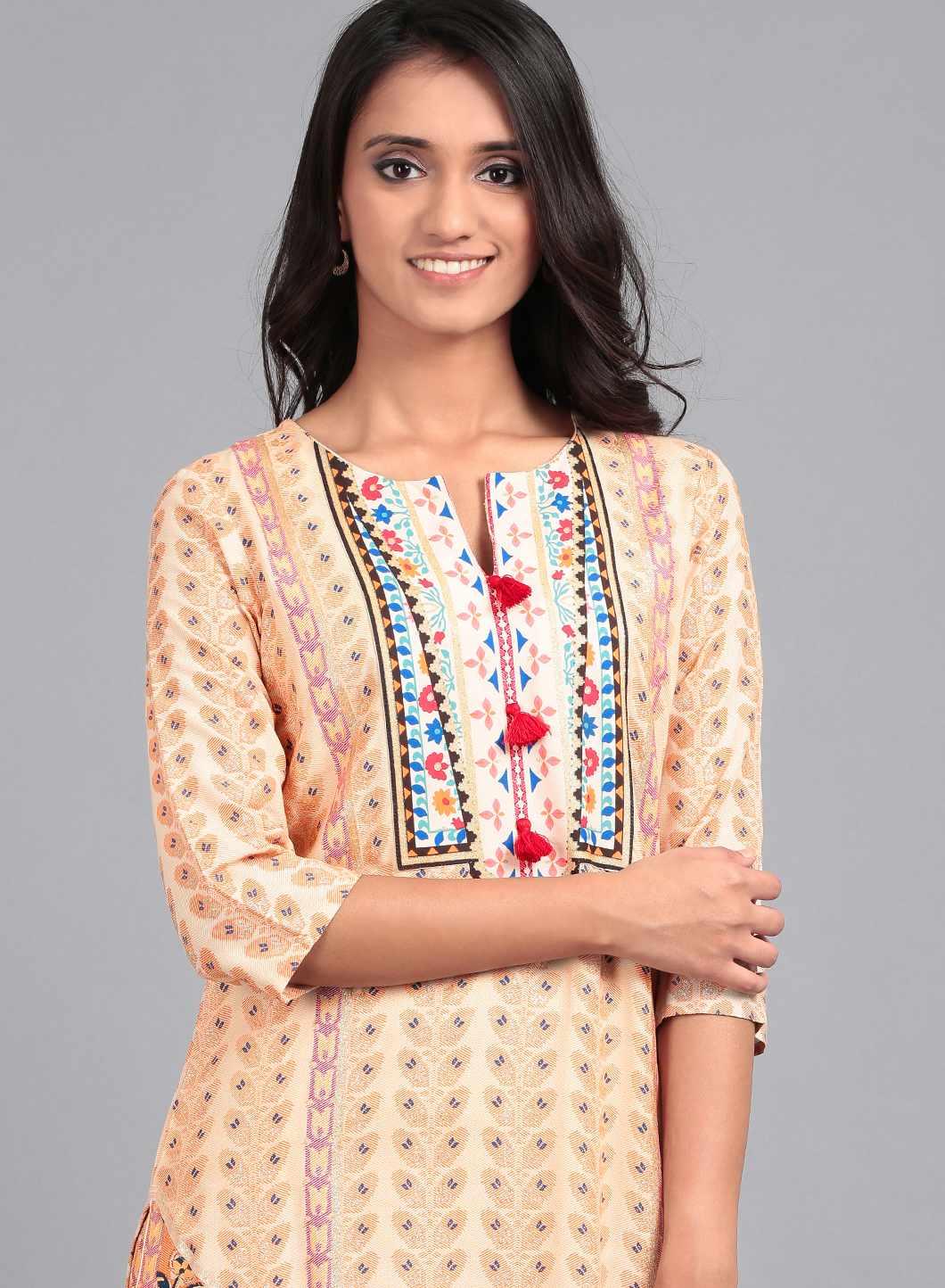 Orange Round Neck Printed kurta - wforwoman