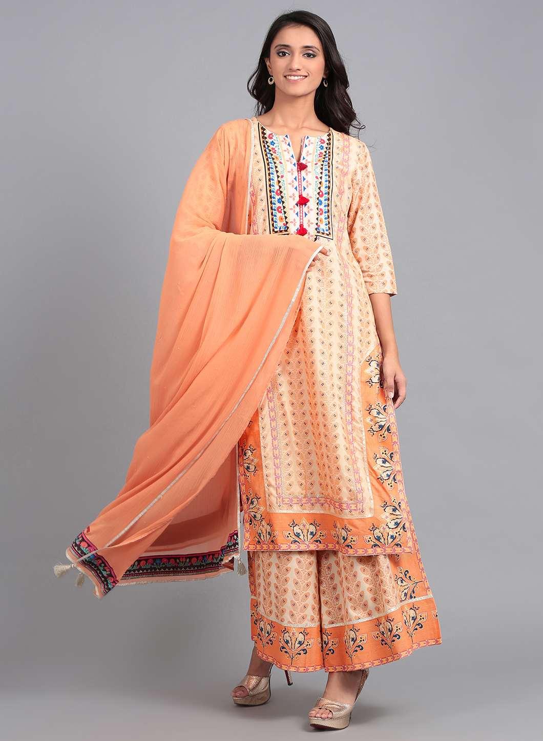 Orange Round Neck Printed kurta - wforwoman