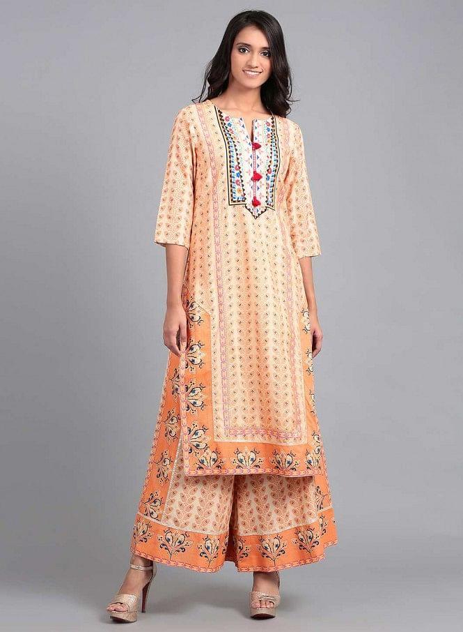 Orange Round Neck Printed kurta - wforwoman