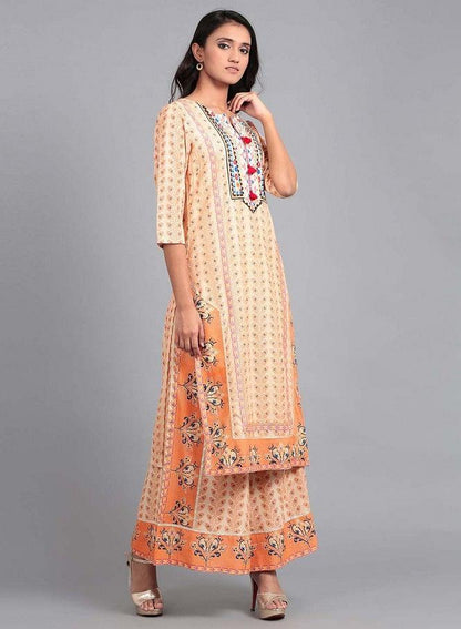 Orange Round Neck Printed kurta - wforwoman