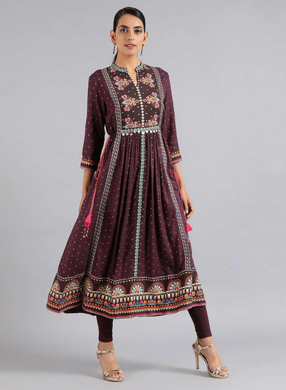 Purple Mandarin Neck Printed kurta Dress - wforwoman