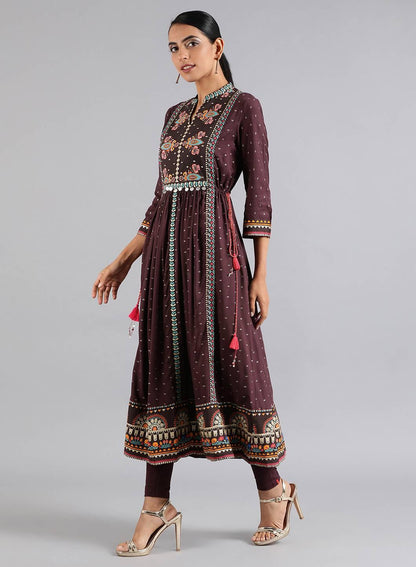 Purple Mandarin Neck Printed kurta Dress - wforwoman