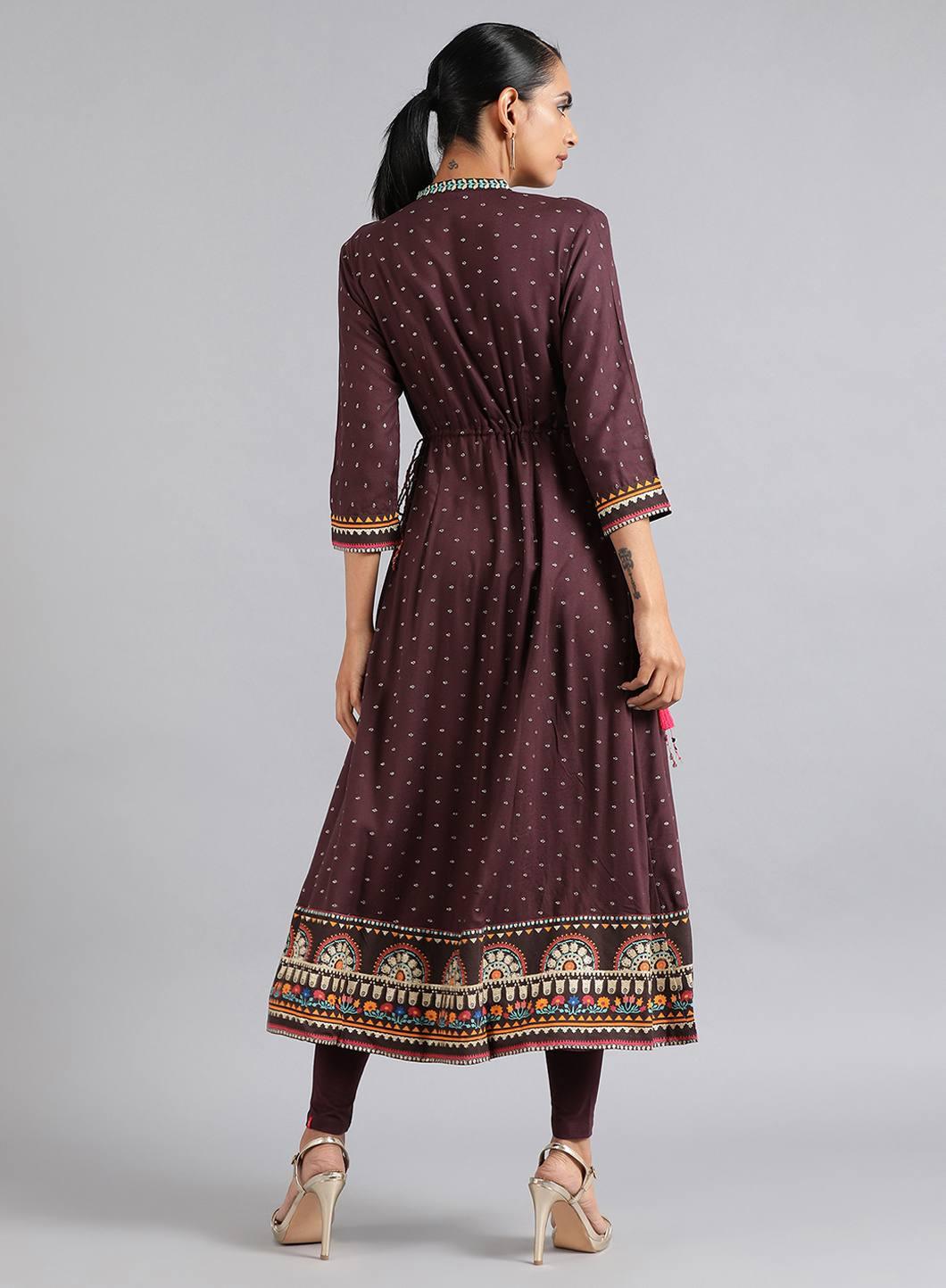 Purple Mandarin Neck Printed kurta Dress - wforwoman