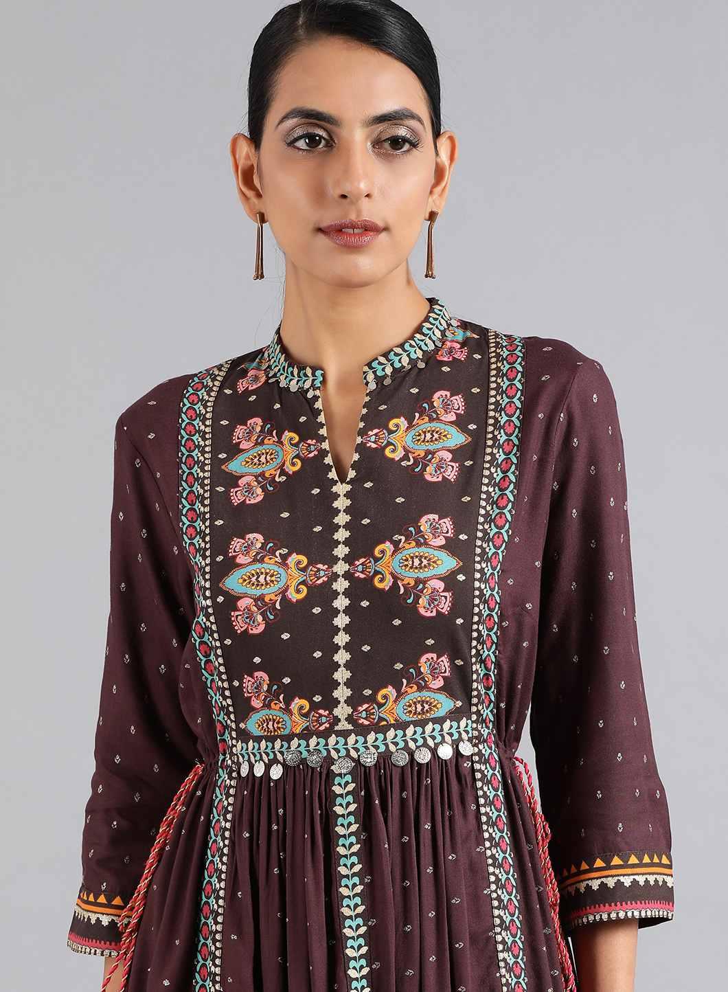 Purple Mandarin Neck Printed kurta Dress - wforwoman