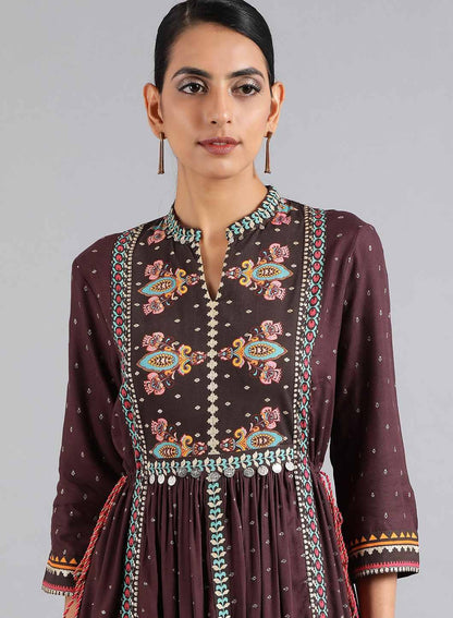 Purple Mandarin Neck Printed kurta Dress - wforwoman