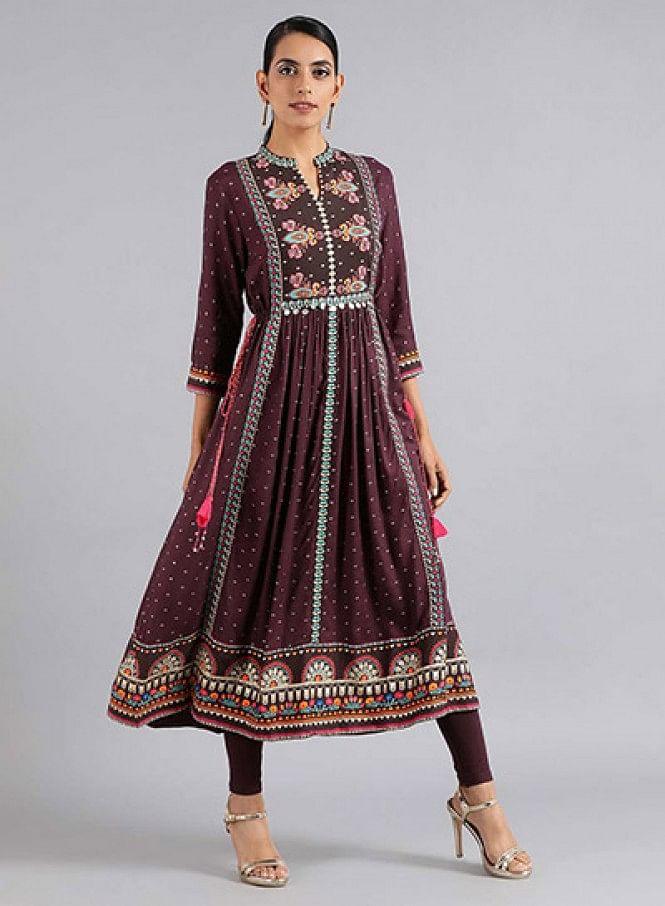 Purple Mandarin Neck Printed kurta Dress - wforwoman