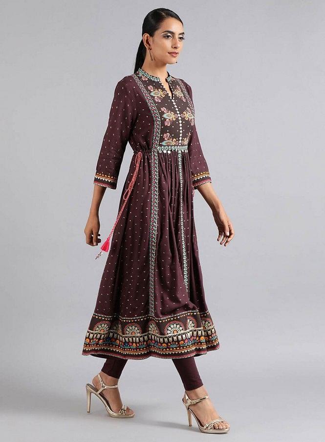 Purple Mandarin Neck Printed kurta Dress - wforwoman