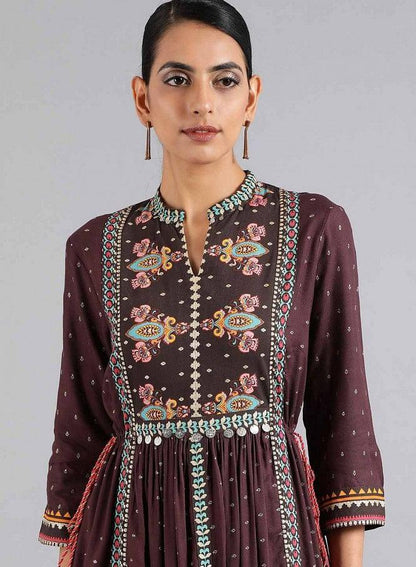 Purple Mandarin Neck Printed kurta Dress - wforwoman