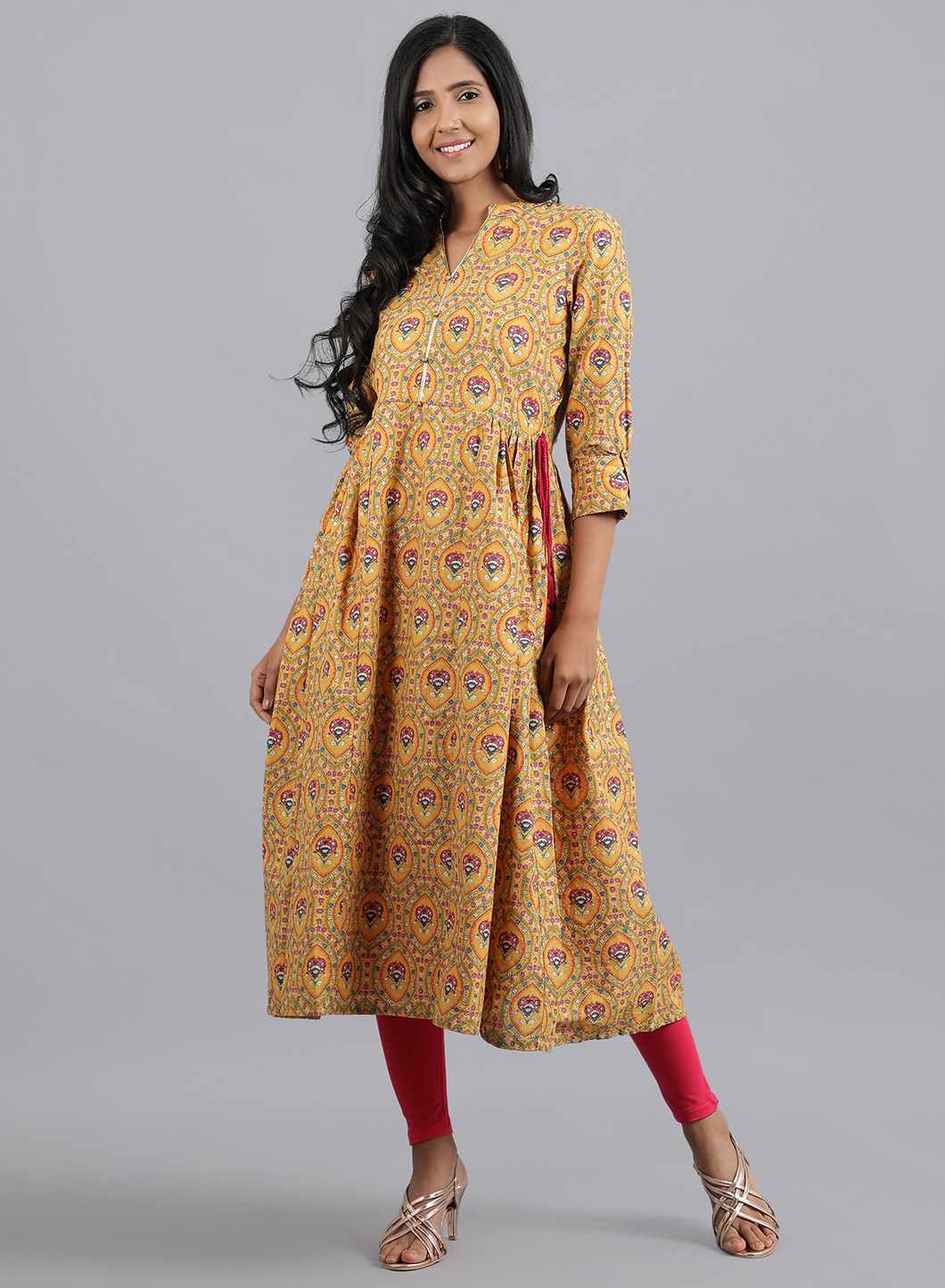 Yellow Mandarin Neck Printed kurta