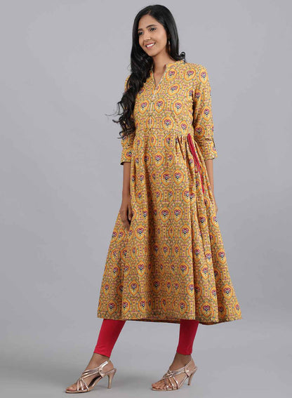 Yellow Mandarin Neck Printed kurta