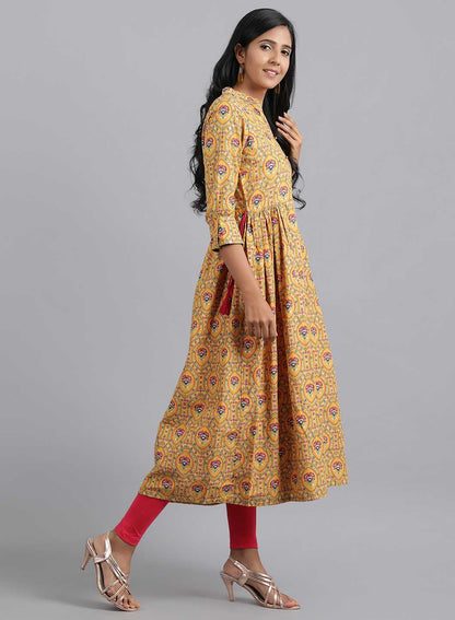 Yellow Mandarin Neck Printed kurta