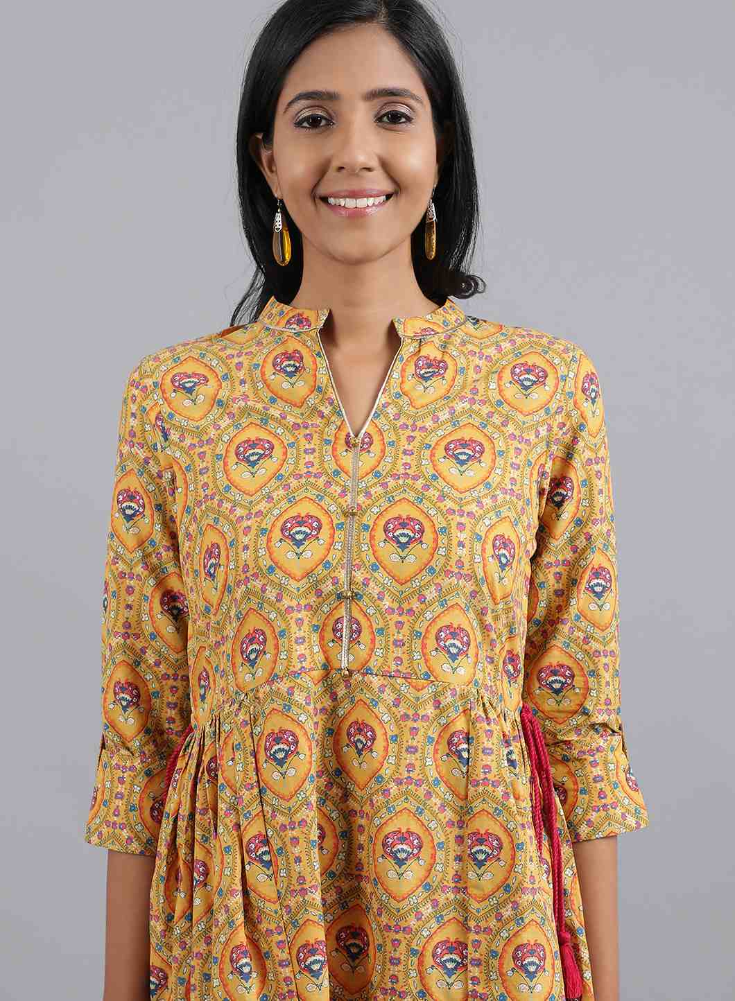 Yellow Mandarin Neck Printed kurta