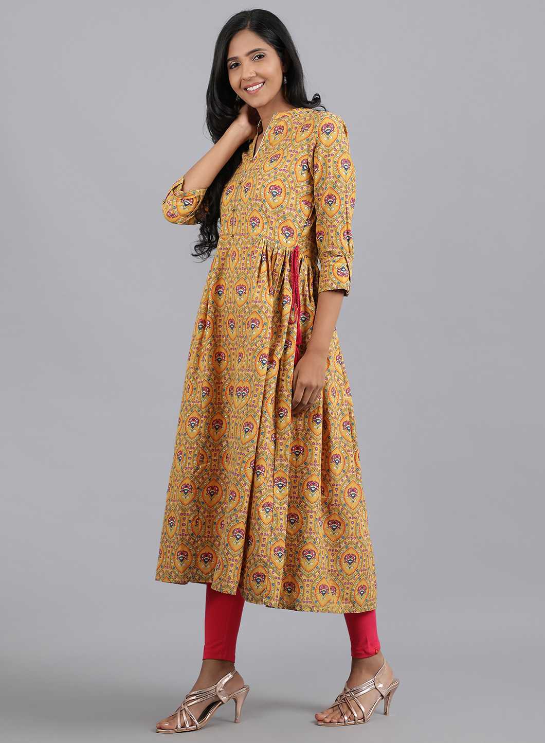 Yellow Mandarin Neck Printed kurta