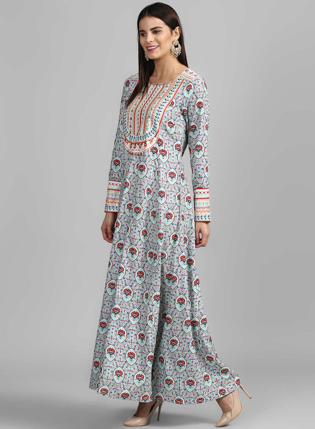 Blue Round Neck Printed kurta