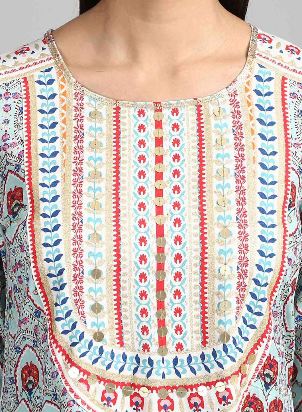 Blue Round Neck Printed kurta