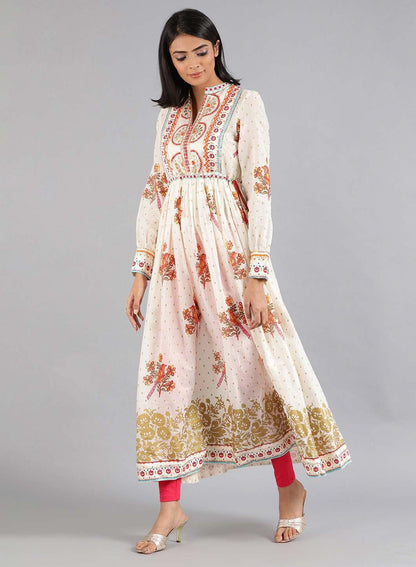 Ecru Mandarin Neck Printed Gypset Dress - wforwoman