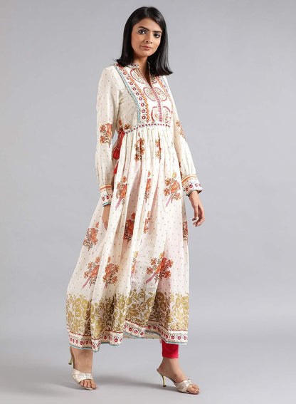 Ecru Mandarin Neck Printed Gypset Dress - wforwoman