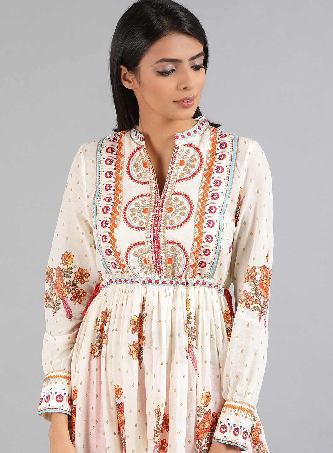 Ecru Mandarin Neck Printed Gypset Dress - wforwoman