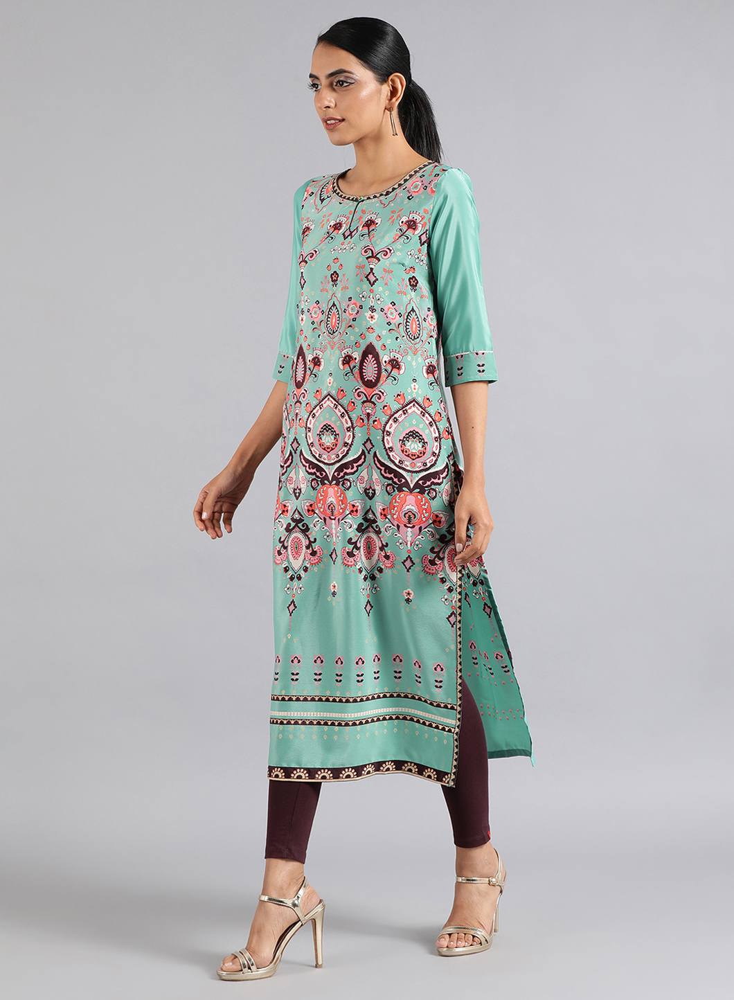 Green Round Neck Printed kurta