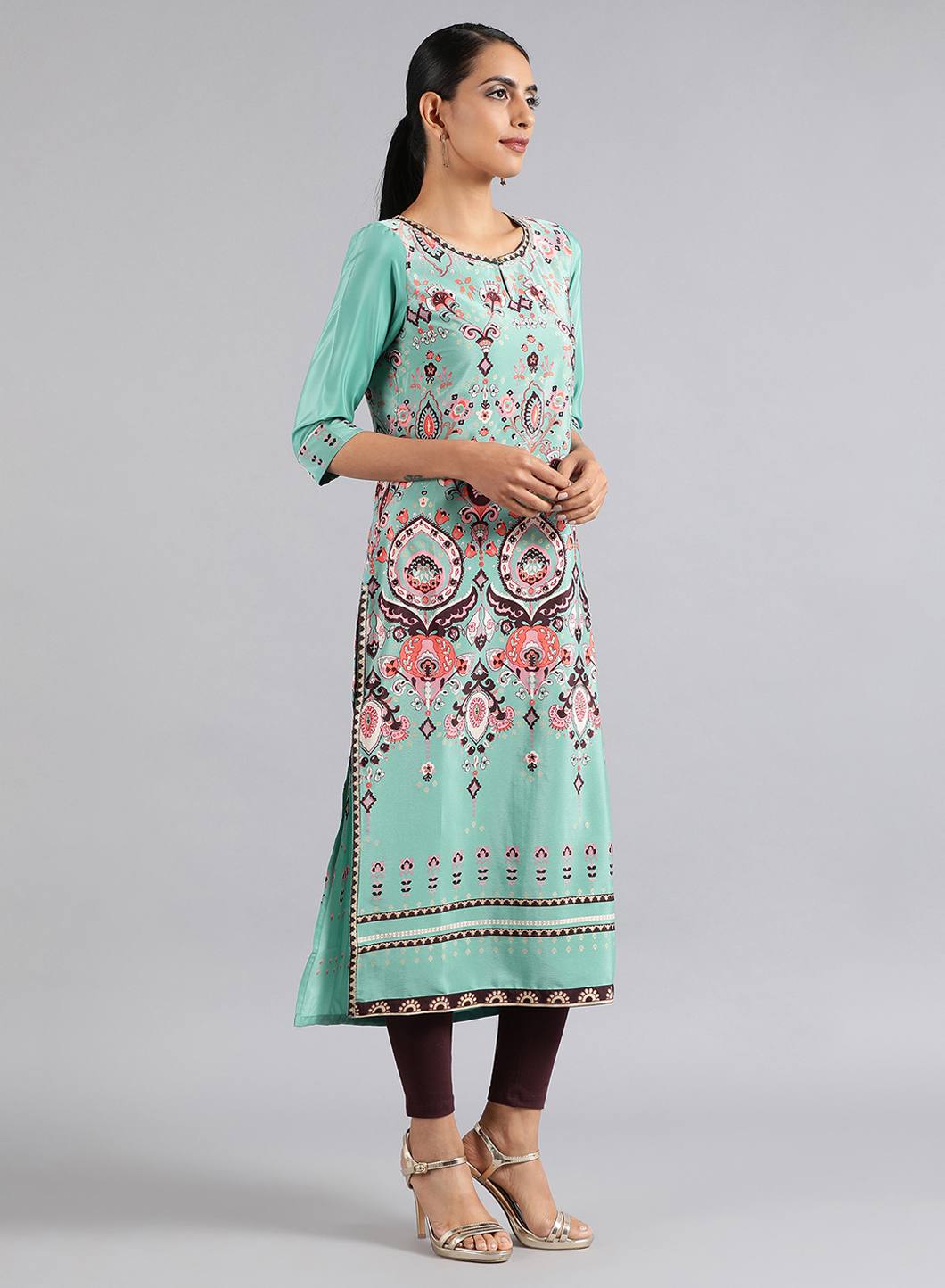 Green Round Neck Printed kurta