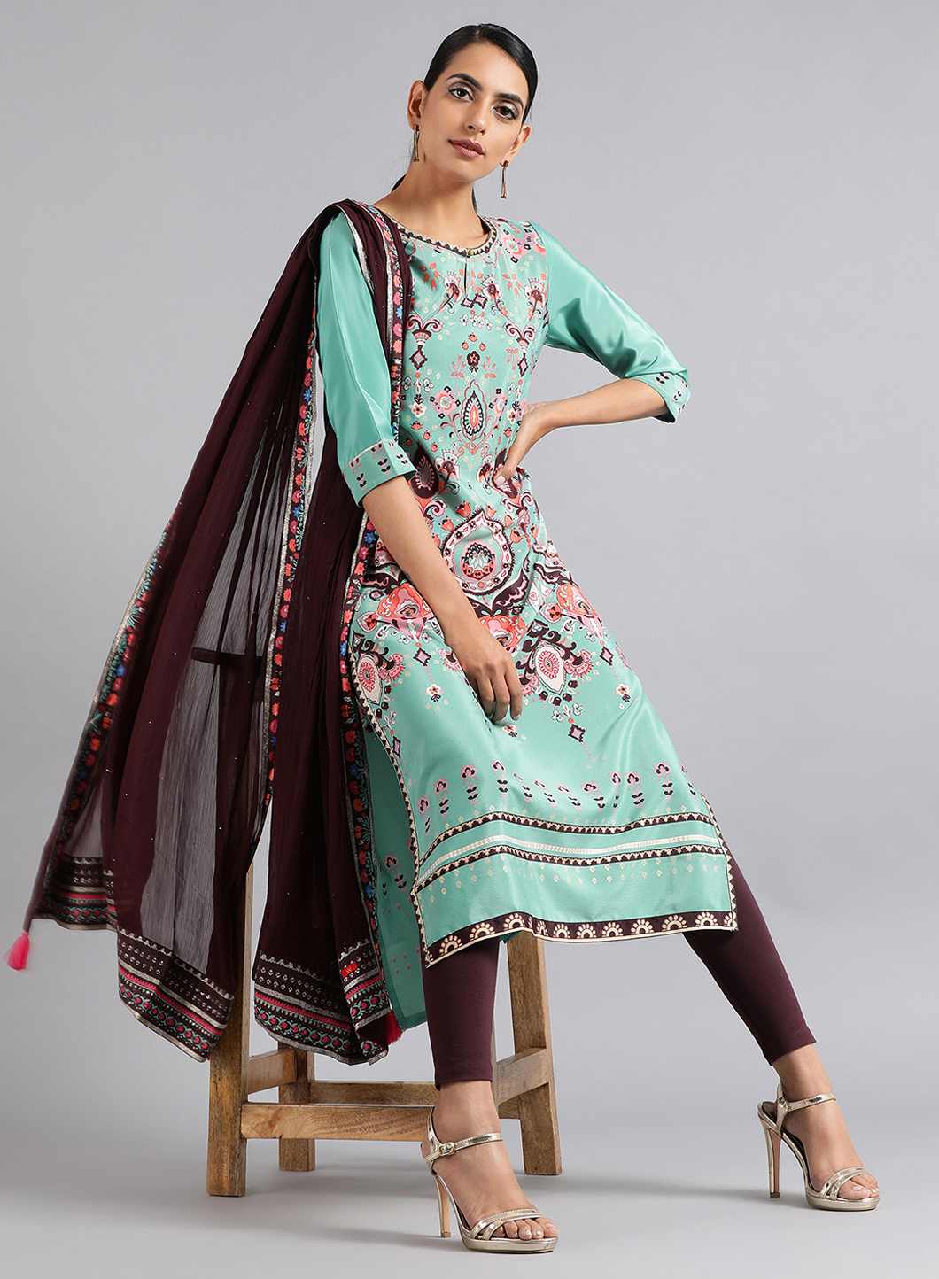 Green Round Neck Printed kurta