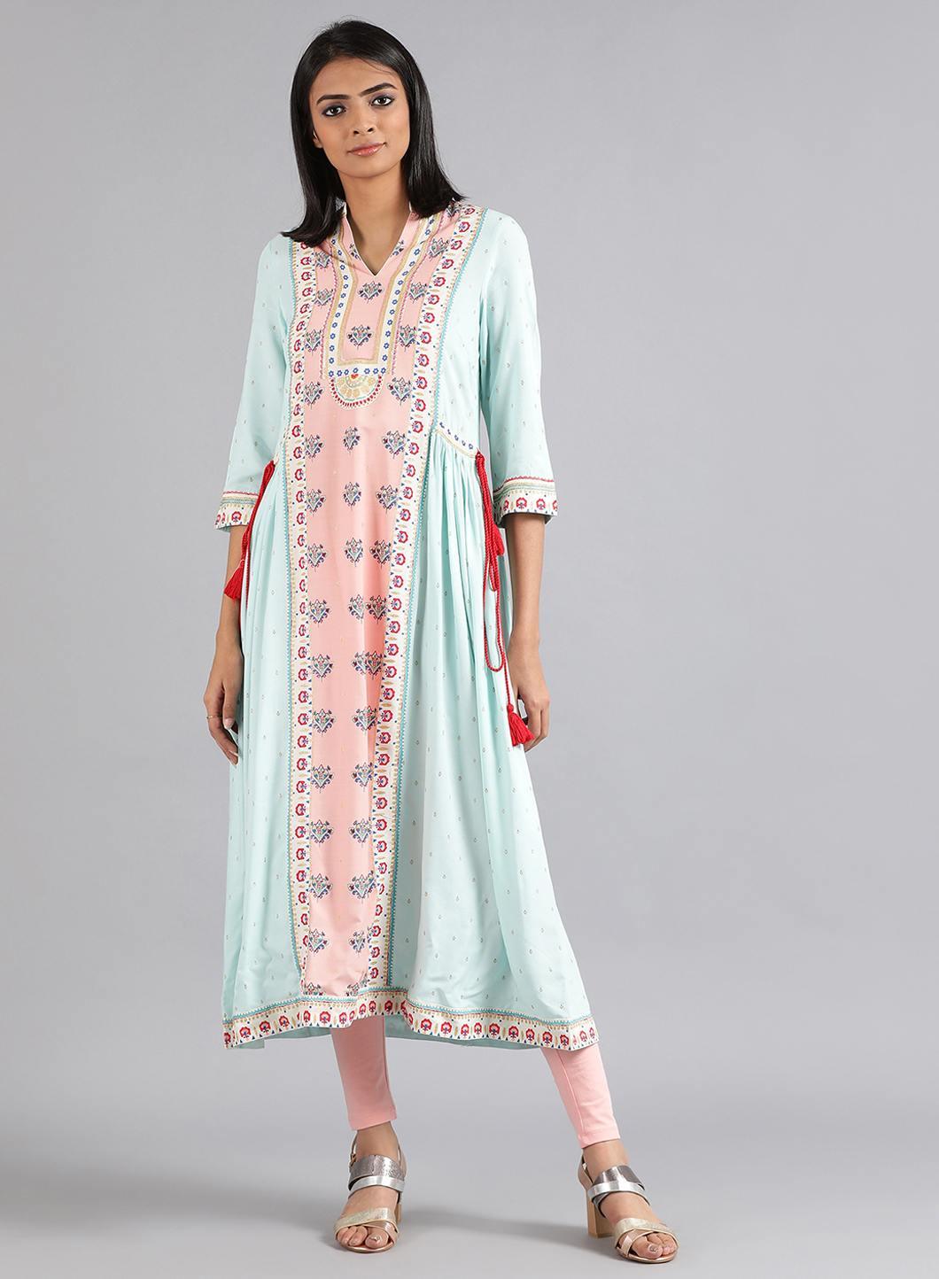 Blue Mandarin Neck Printed kurta - wforwoman