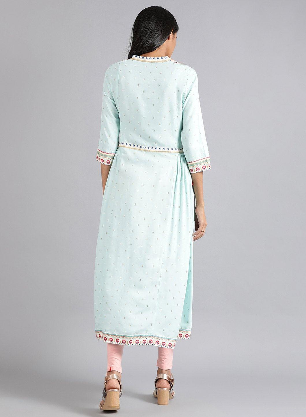 Blue Mandarin Neck Printed kurta - wforwoman