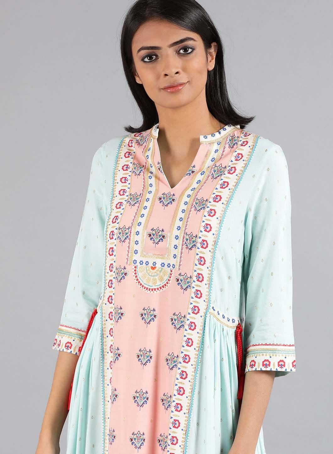 Blue Mandarin Neck Printed kurta - wforwoman