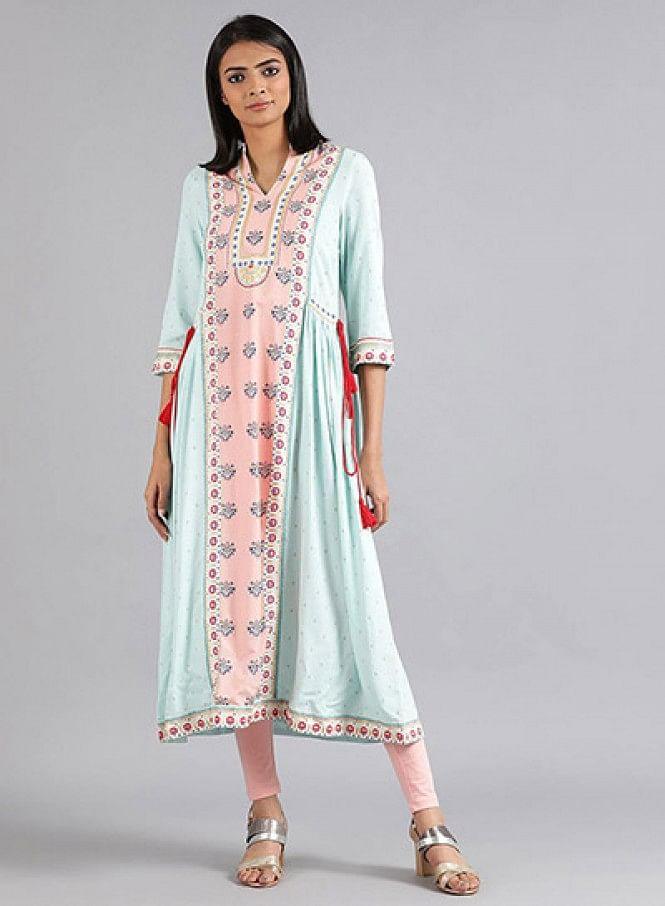 Blue Mandarin Neck Printed kurta - wforwoman