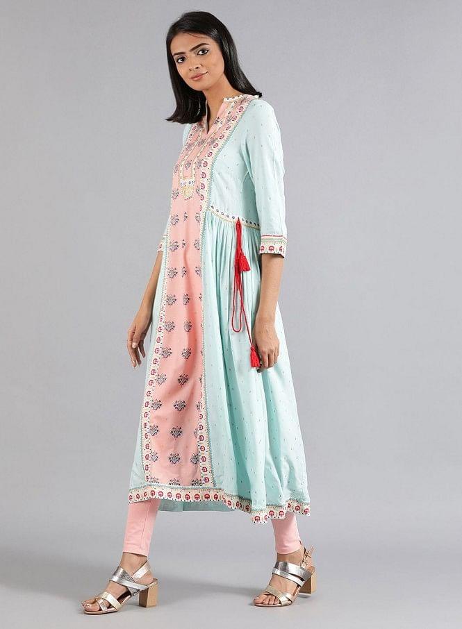 Blue Mandarin Neck Printed kurta - wforwoman