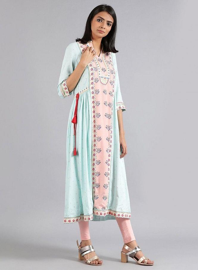 Blue Mandarin Neck Printed kurta - wforwoman