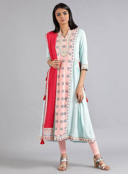 Blue Mandarin Neck Printed kurta - wforwoman