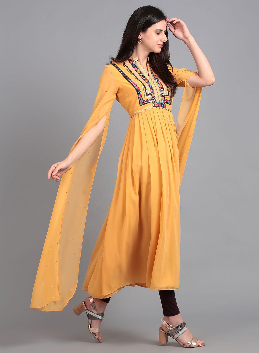 Yellow Mandarin Neck Cape Sleeves kurta - wforwoman