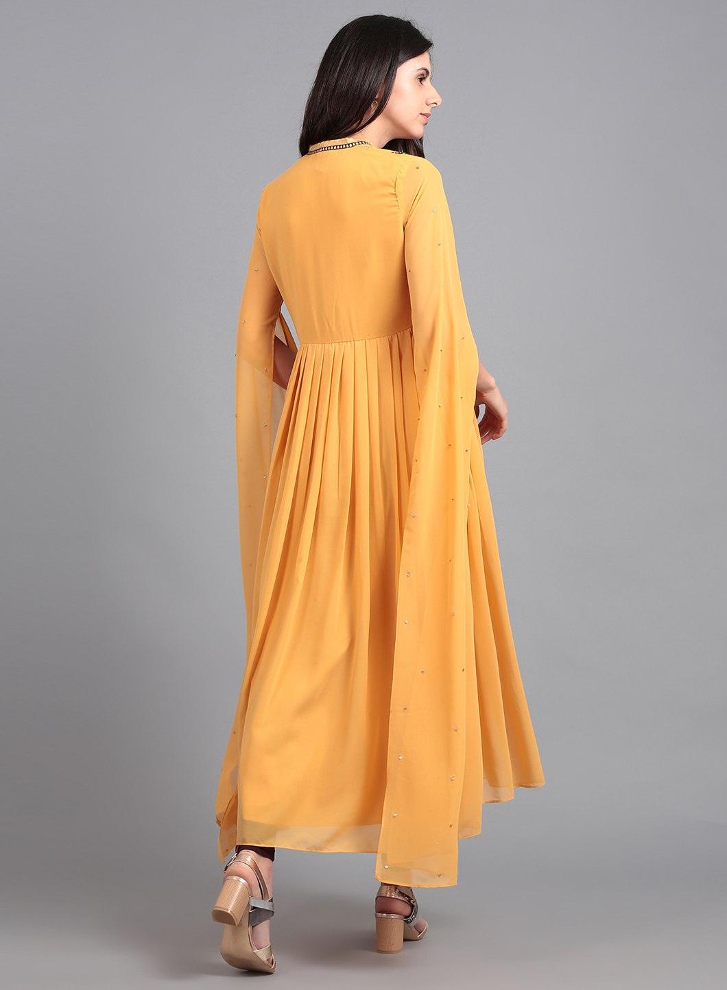 Yellow Mandarin Neck Cape Sleeves kurta - wforwoman