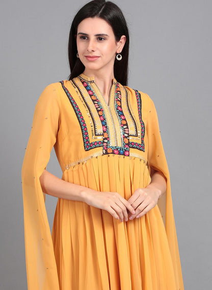 Yellow Mandarin Neck Cape Sleeves kurta - wforwoman