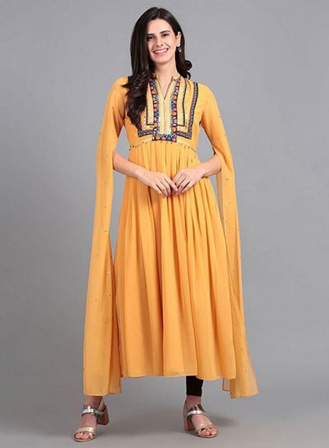 Yellow Mandarin Neck Cape Sleeves kurta - wforwoman