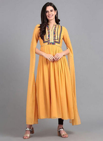 Yellow Mandarin Neck Cape Sleeves kurta - wforwoman