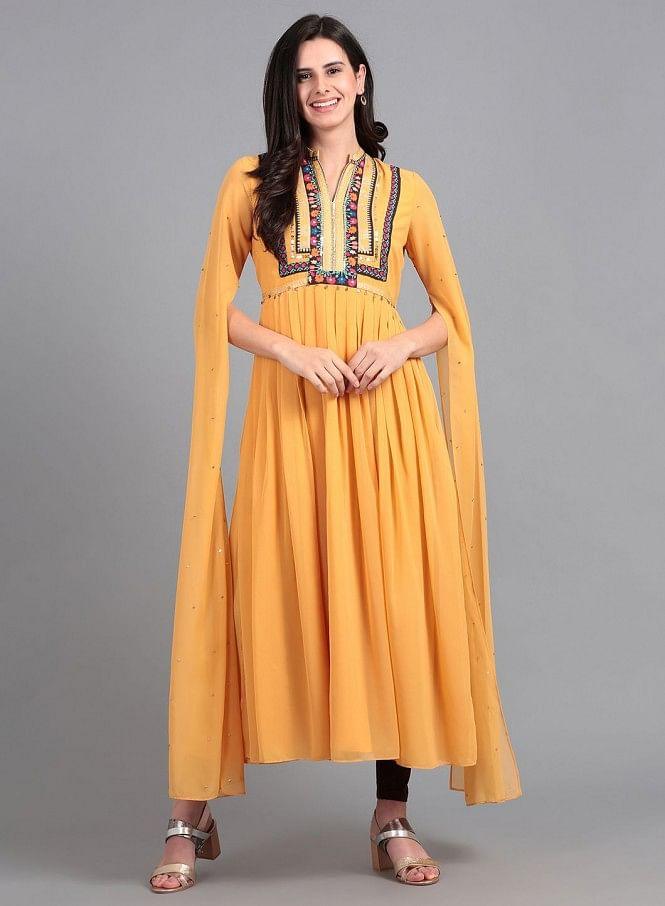 Yellow Mandarin Neck Cape Sleeves kurta - wforwoman