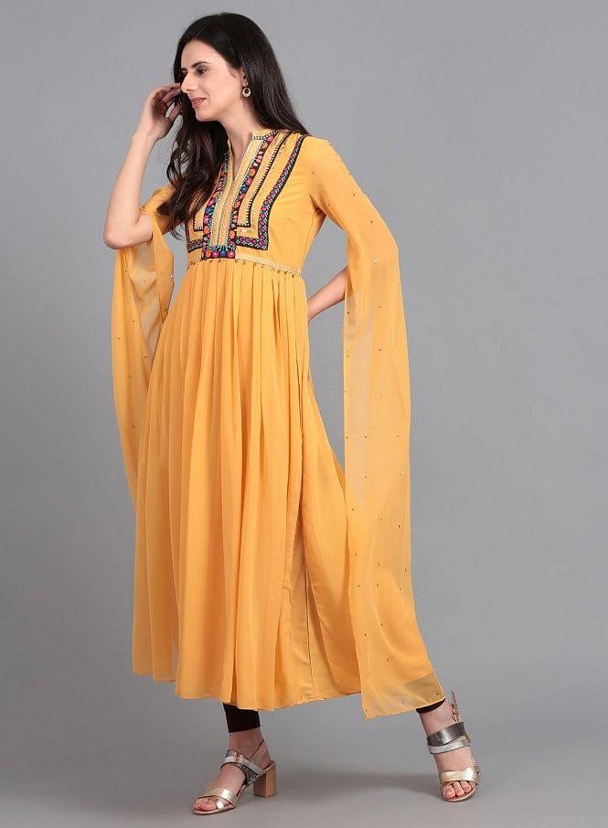 Yellow Mandarin Neck Cape Sleeves kurta - wforwoman