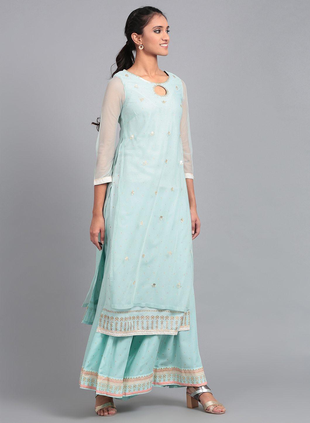 Blue Boat Neck Embellished kurta - wforwoman