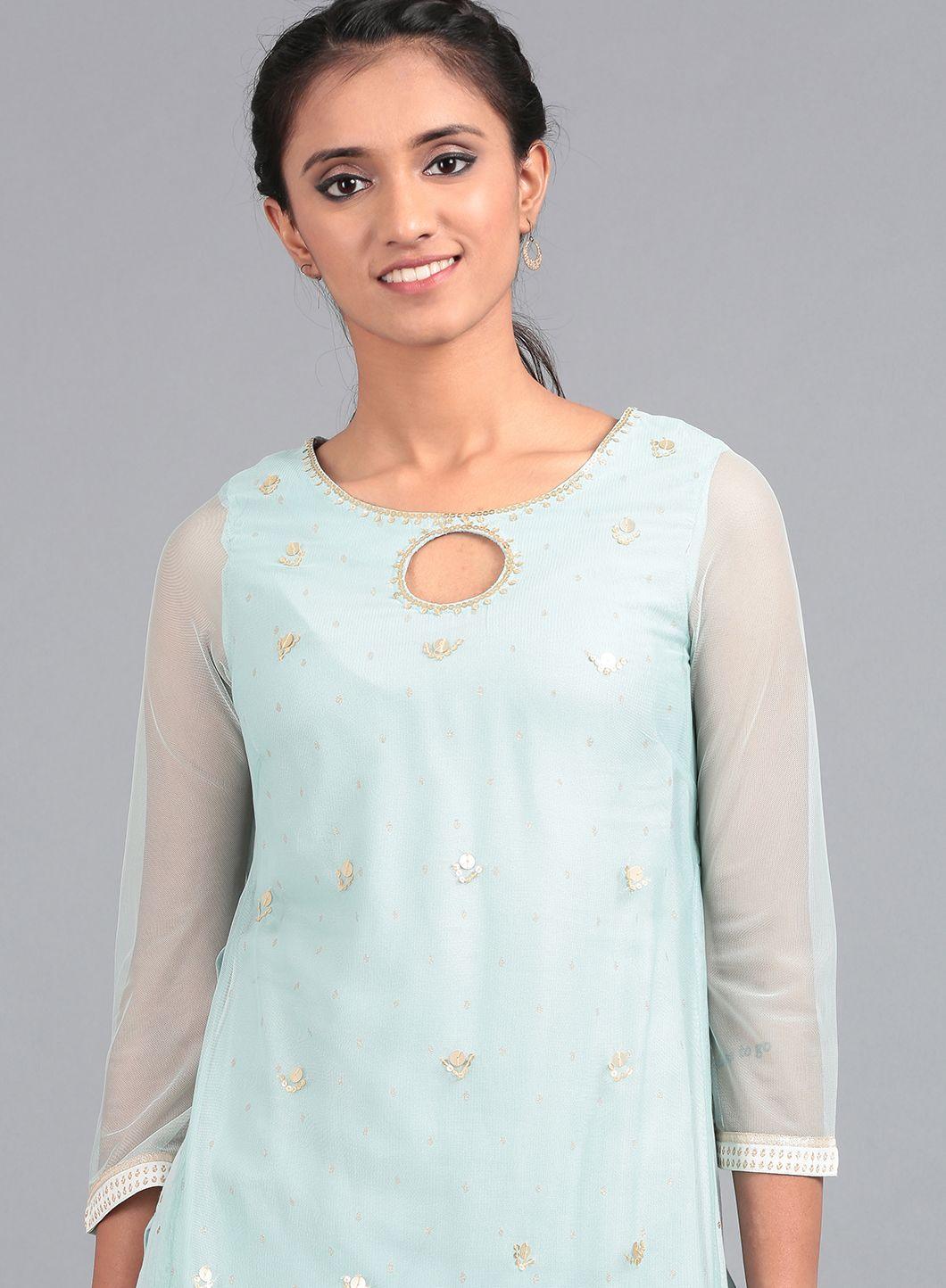 Blue Boat Neck Embellished kurta - wforwoman