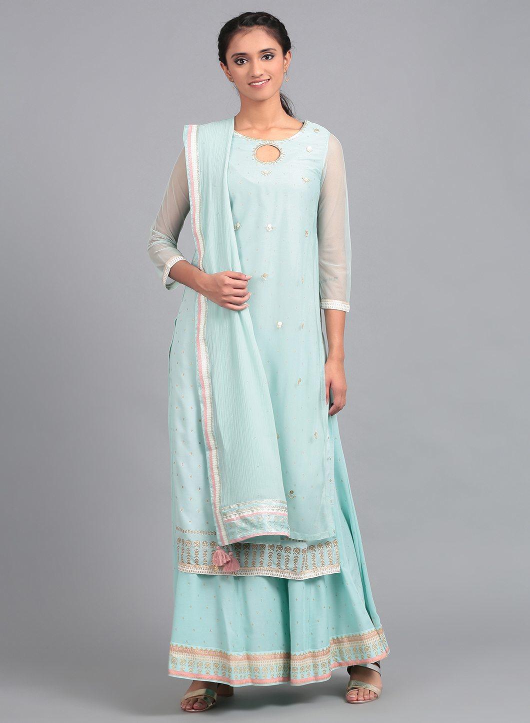 Blue Boat Neck Embellished kurta - wforwoman