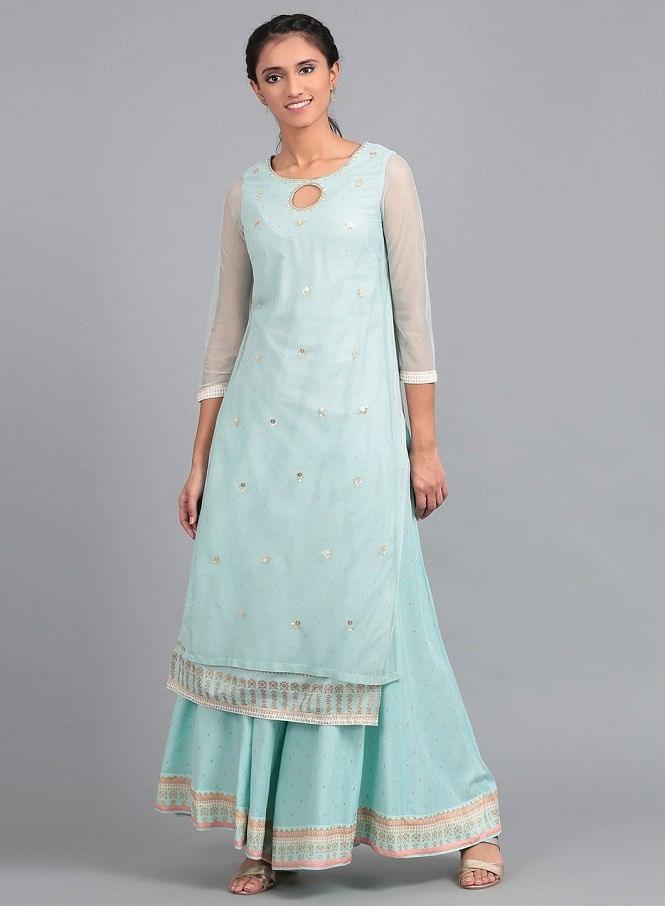 Blue Boat Neck Embellished kurta - wforwoman