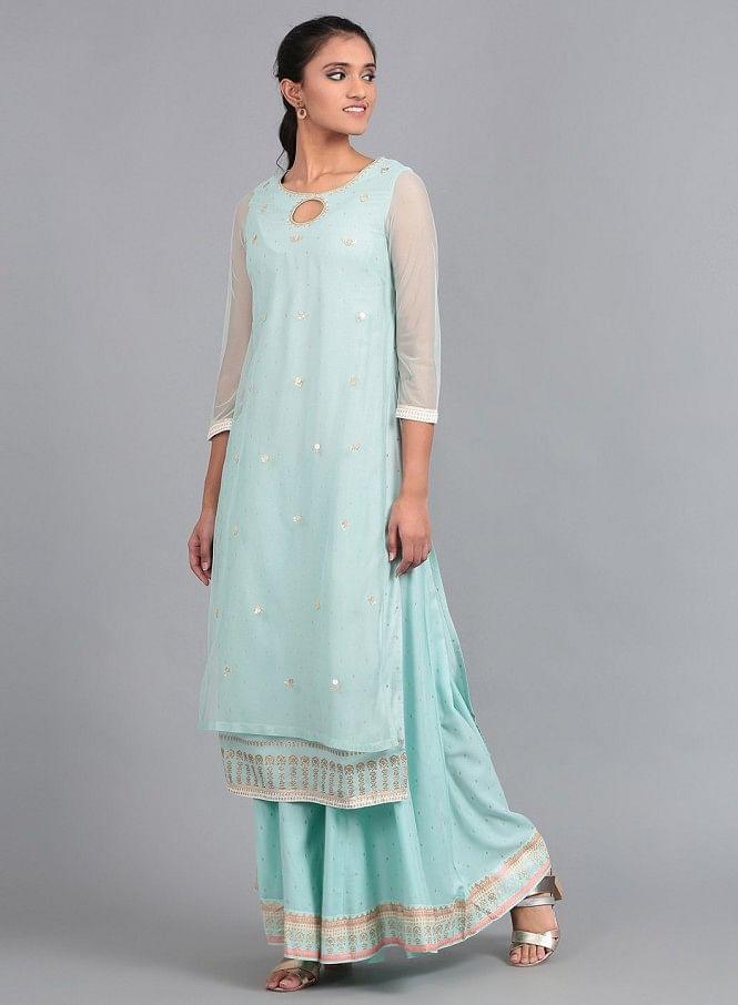 Blue Boat Neck Embellished kurta - wforwoman